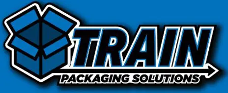 A blue and white logo for traxx packaging solutions.