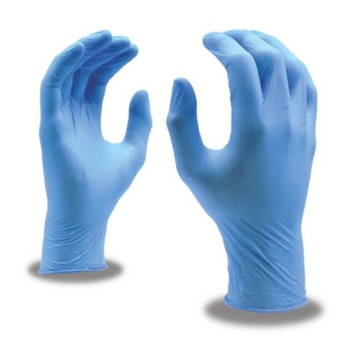 A pair of blue gloves with their hands up.