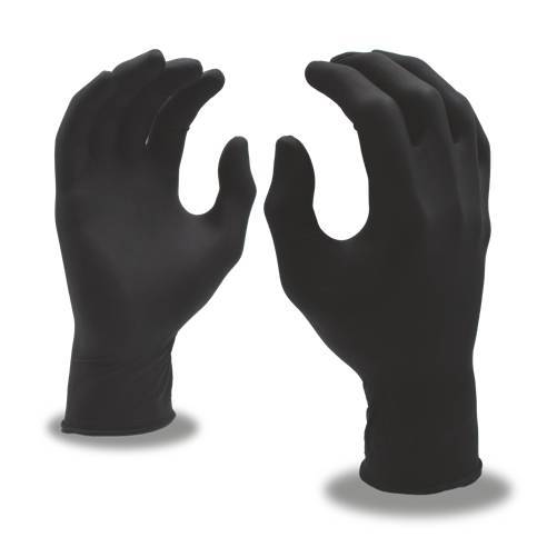 A pair of black gloves with their hands up.