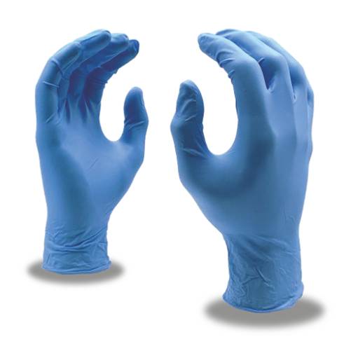 A pair of blue gloves with their hands up.