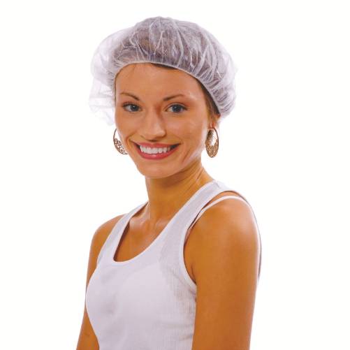 A woman in white shirt and hair net.