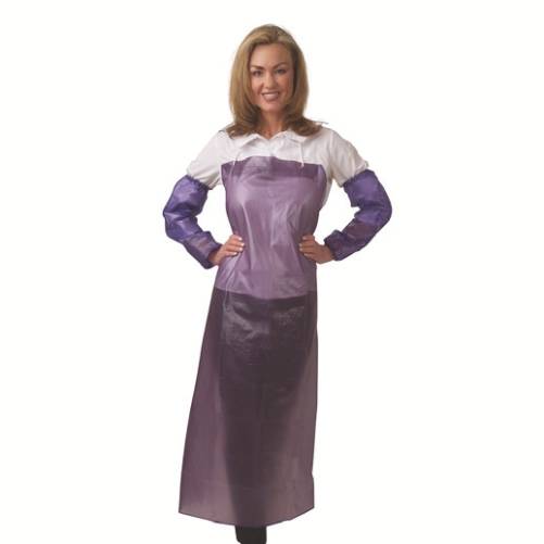 A woman wearing purple and white apron standing.