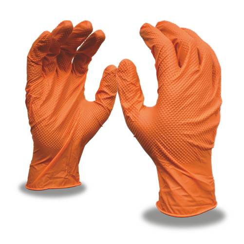 A pair of orange gloves with a hand on top