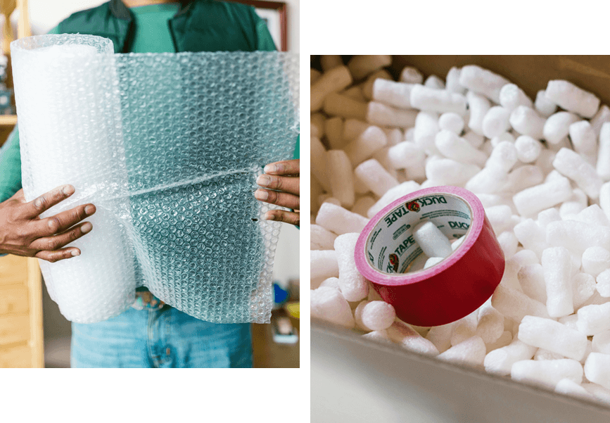 A collage of photos with a person holding a bubble wrap and tape.