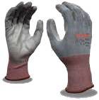 A pair of hands wearing gloves with red and grey paint.