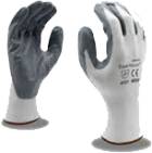 A pair of white gloves with grey palm and fingers.