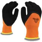 A pair of work gloves with black rubber palm and orange back.