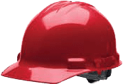 A red hard hat is shown on a green background.