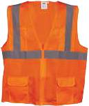 A vest that is orange and has two pockets.