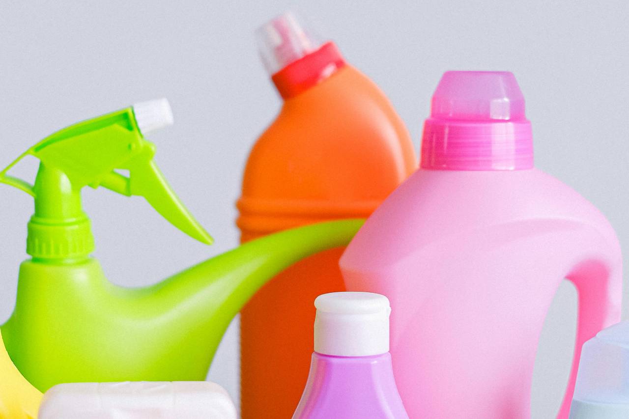 A close up of cleaning products on display